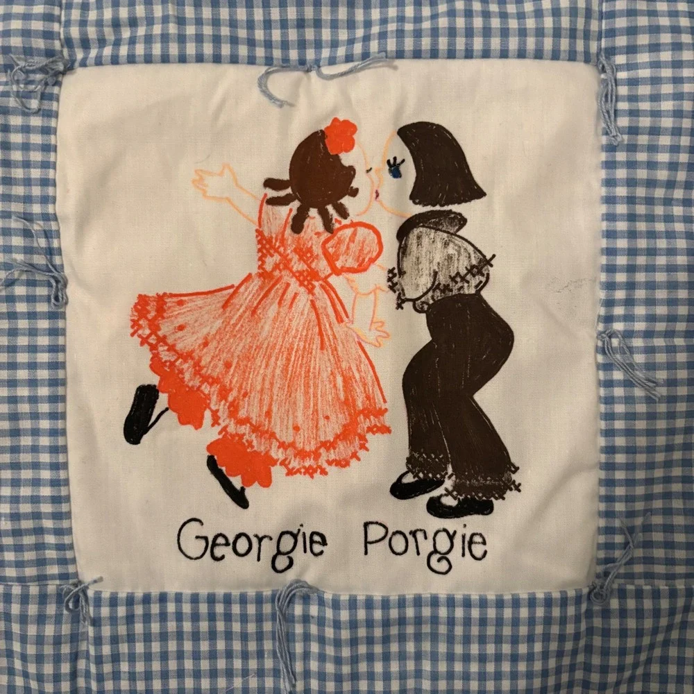 Vintage Nursery Rhyme Crib Quilt Hand Painted Gingham Blue White 12 Panel